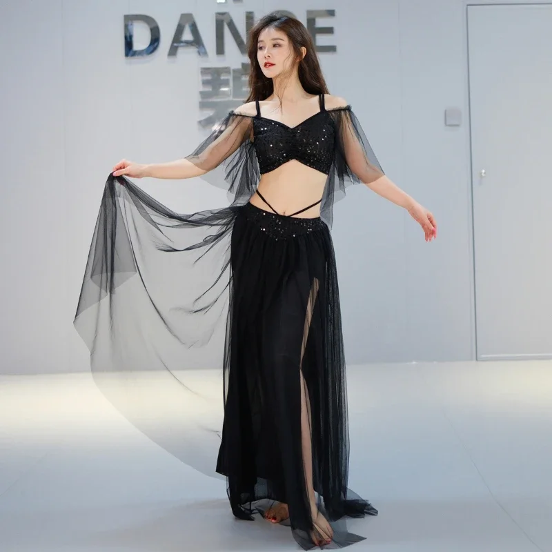 Costume de danse du ventre luxueux pour femmes, haut à manches évasées + jupe longue, 2 pièces, vêtements d'entraînement professionnel Oriental pour adultes