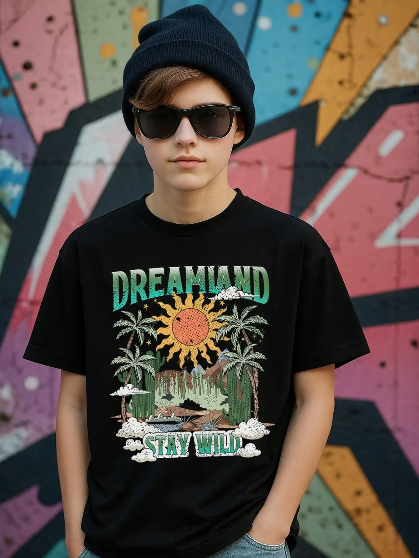 

Хлопковые футболки с рисунком Dreamland для мальчиков, черные повседневные летние топы с текстом Stay Wild
