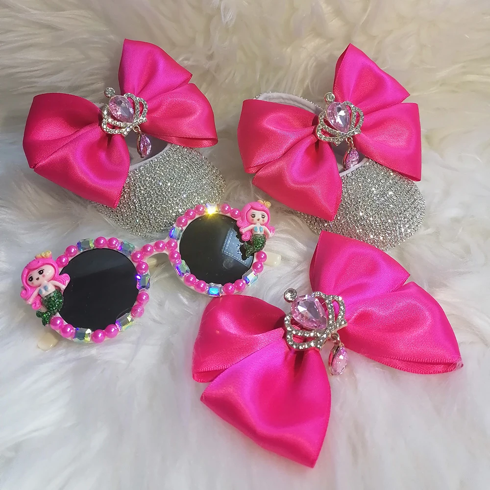 Lazo hecho a mano de lujo con diamantes de imitación para niña, zapatos de princesa, banda para el pelo, primer andador, cristales brillantes,