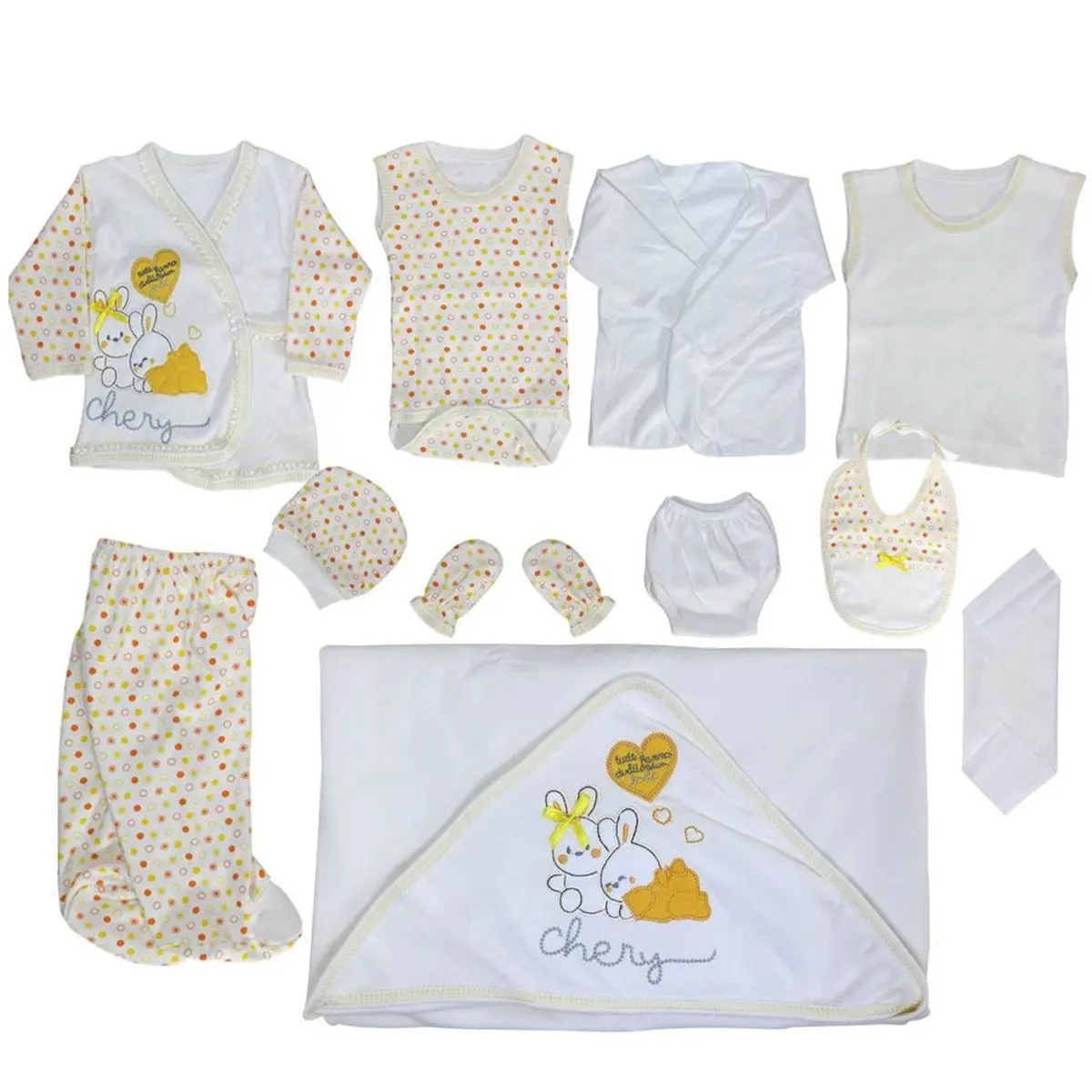 Chery yellow heart rabbit patterned 11 piece hospital exit set