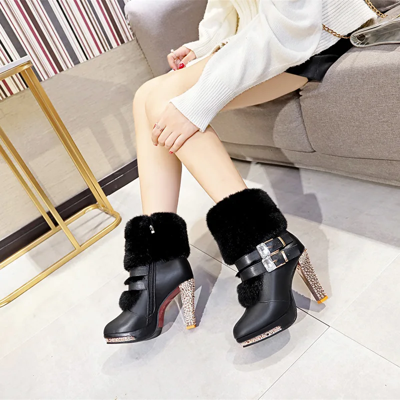 Winter Shoes Women High Heels Boots Fashion Ladies Party Shoes Warm Fur Shoes Woman Super High Heel 10cm Black White A2813