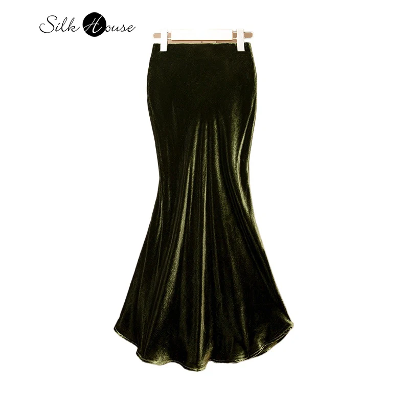 

2025 Women's Fashion Early Spring New 30% Natural Mulberry Silk Velvet High Waist Retro High Grade Temperament Olive Green Skirt