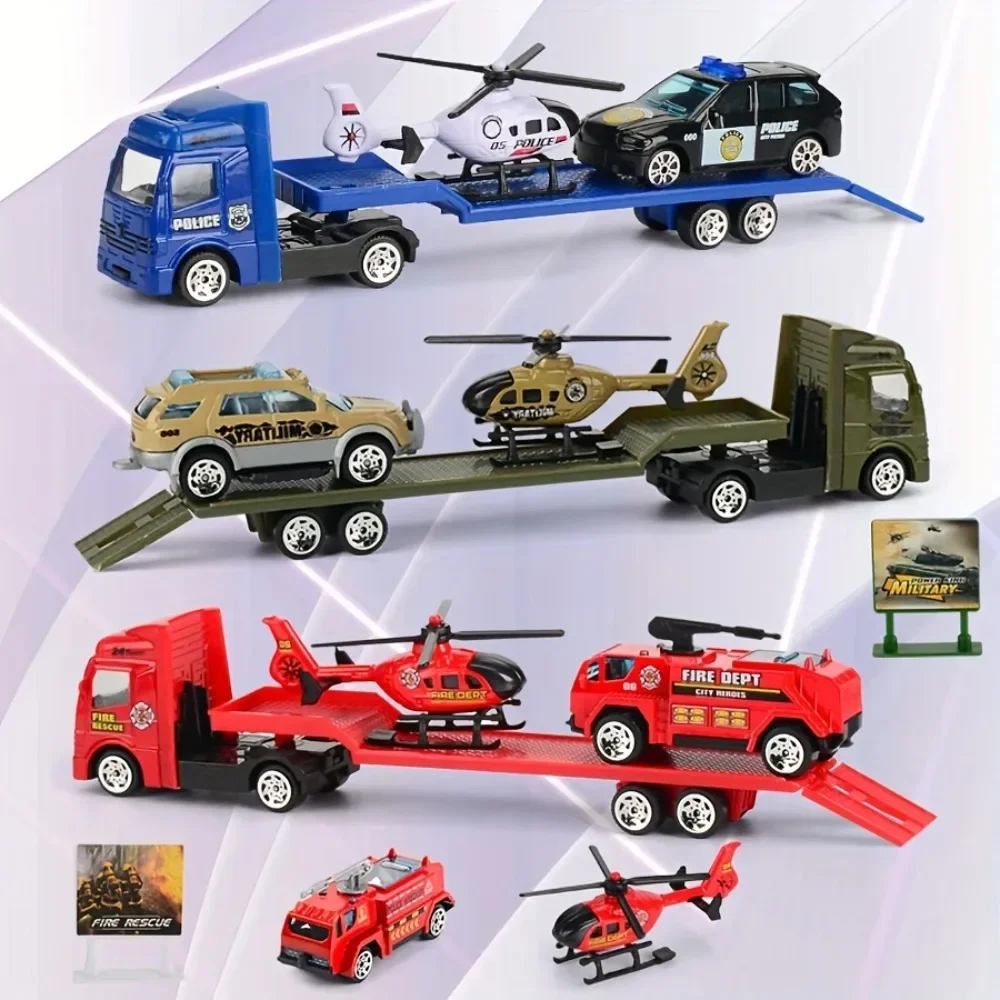 마찰 구동 캐리어 트럭 장난감 푸시 앤 고 건설 자동차 장난감 합금 견인 트레일러 트럭 세트 유아용 남아 여아 선물