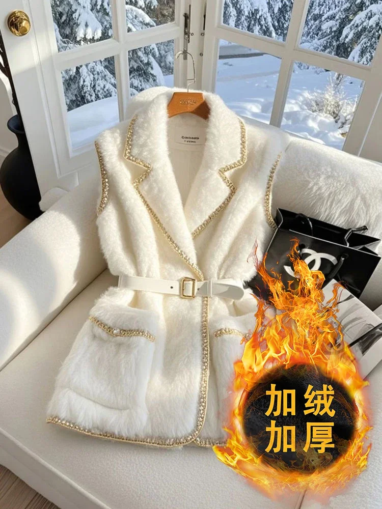 Winter Hoge Kwaliteit Dikker Bont Haar Blazers Vest Jas Luxe Gouden Zijden Rand Vrouwen Elegante Witte Mouwloze Jas Formele Dame