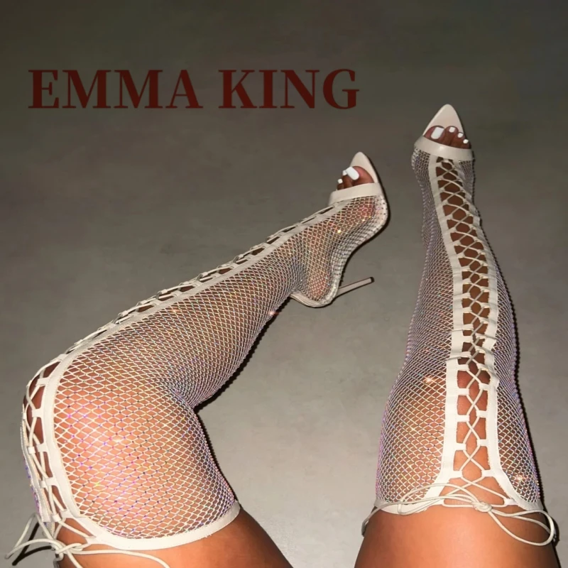 رقيقة صنادل عالية الكعب للأحذية النسائية شبكة الدانتيل يصل أحذية المصارع أنيق الوردي حجر الراين شبكة صيد السمك خنجر أحذية طويلة
