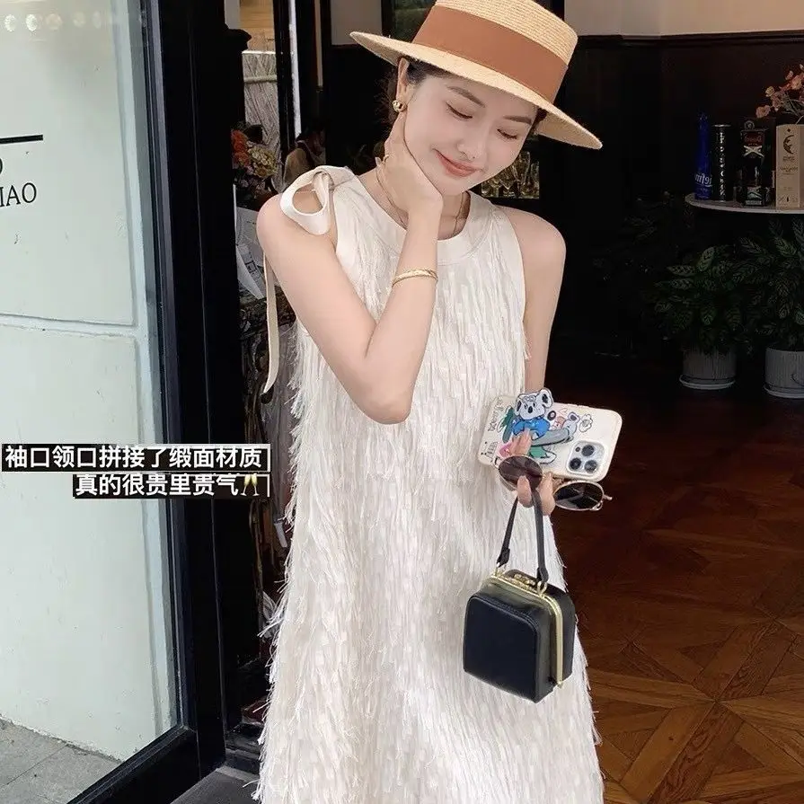 Korejpaa Gentle Summer Dress Elegant Tassel Bow Round Neck Tank Dresses Women Korean Fashion Sleeveless Vestidos De Mujer