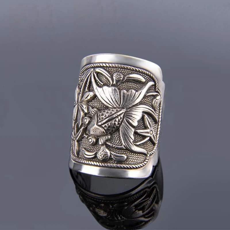 Goldfish Lotus flower 925 Thai Silver Wide style rings for women Vintage Couple Enamel Blue Adjustable opening Banquet Jewelry