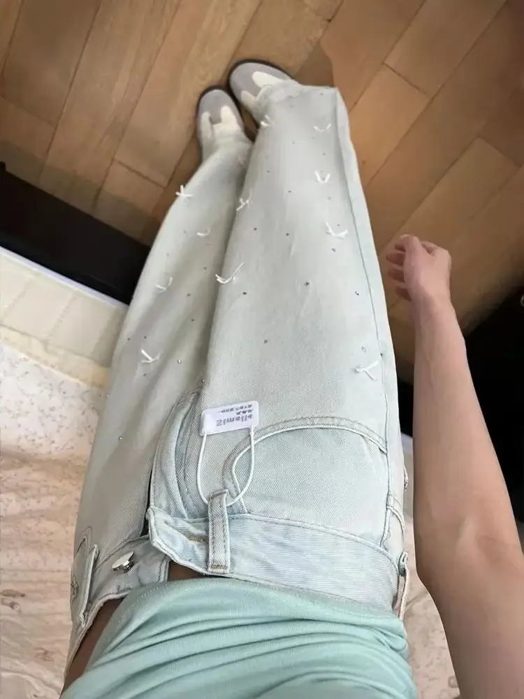 Herbst Koreanische Bogen Heißer Diamant Lose Fit Große Größe Frauen Breite Bein Jeans Mode Lässig Gerade Bein Vielseitige Jeans für Frauen