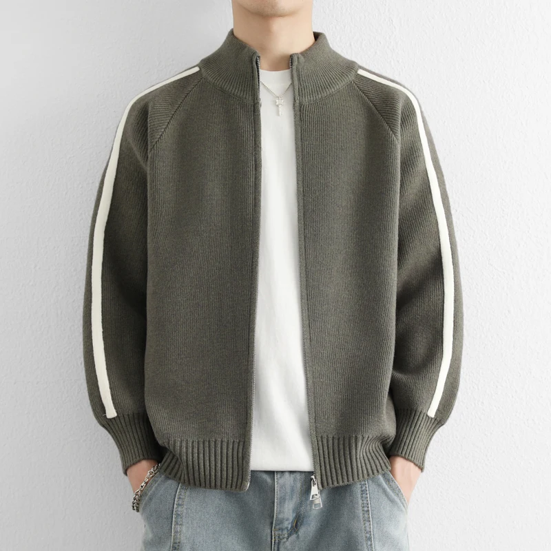 

Мужской спортивный вязаный кардиган на молнии с воротником-стойкой, повседневный универсальный свитер-жакет, стандартный крой, длинный рукав, защита от сминания