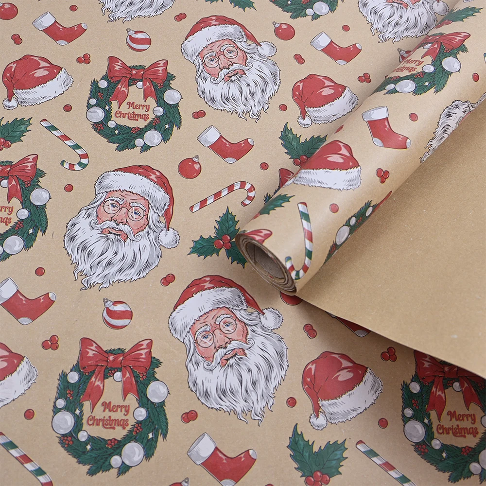 1 لفة من ورق تغليف كرافت لعيد الميلاد بأوراق حمراء مملة وتصميم جرس جلجلينج لعيد الميلاد والعطلات وغلاف هدايا الحفلات