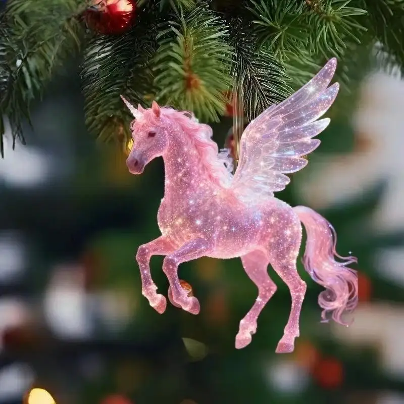 Colgantes de Navidad acrílicos 2D, colgantes de árbol de caballo del zodiaco, colgante para espejo retrovisor de coche, adornos de decoración para fiesta de año nuevo