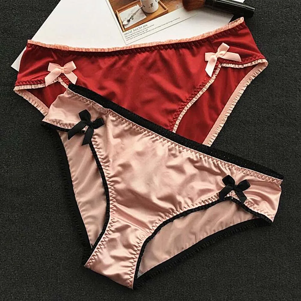 Satin Bow Tie Briefs Silky Panties Ladies Underwear Wooden Ear Panty Lingerie Women Intimates Briefs Underpants Sexy Thong