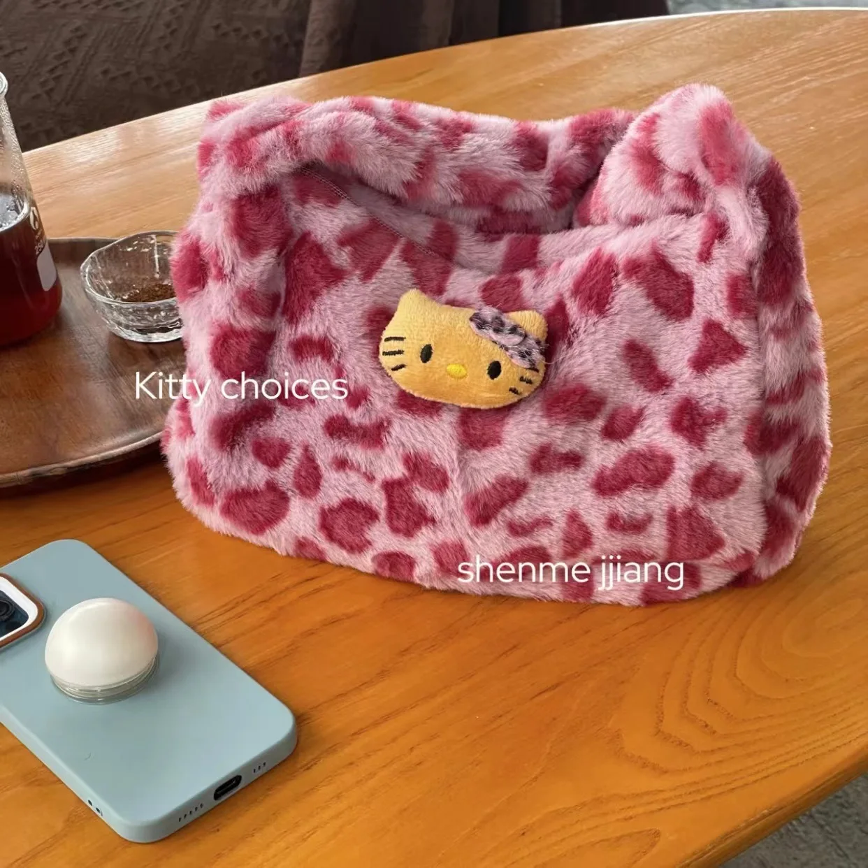 Miniso Hello Kitty Plush Leopard Pattern Handbag Sanrio Tote Plushie Storage Stuffed Bags Commuter Retro Versatile Shoulder Bags