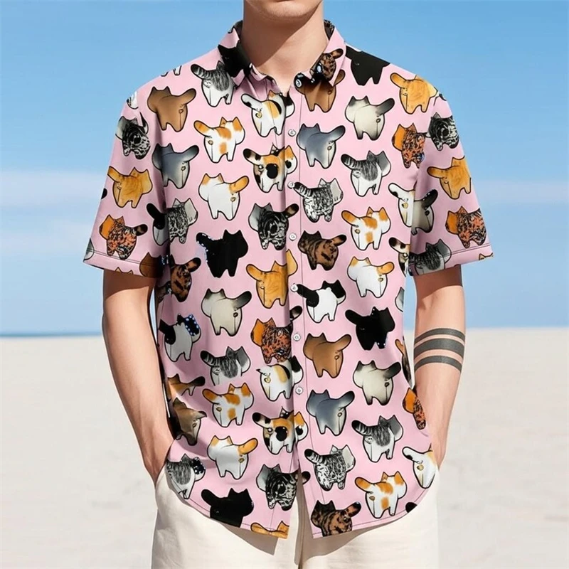 

Black Cat Men's Hawaiian Shirt Cute All Over Print Cactus Cats Casual Short Sleeve Button Down Summer Beach Vacation Outfit Tops