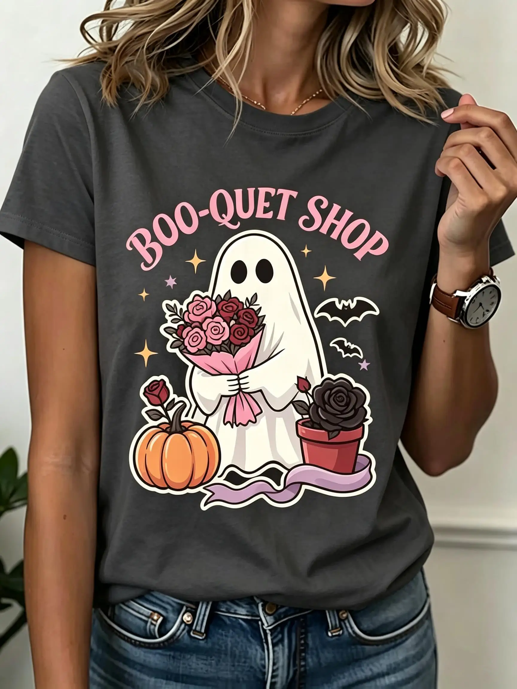 Women Round Neck Short Sleeve Tee Top Halloween Holiday Party Ghost Rose Pumpkin Print Casual Daily Wear Women's Clothes