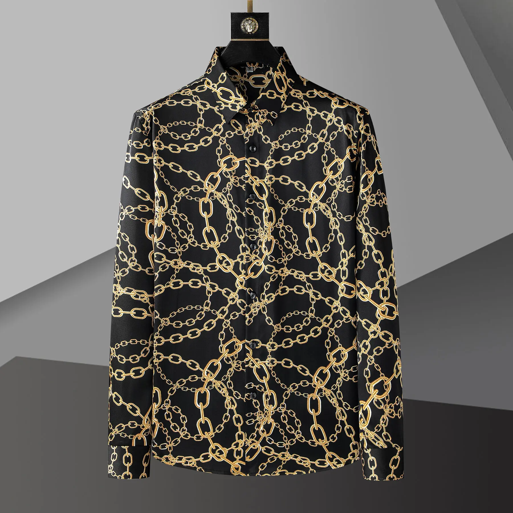 

Retro Iron Chain Print Long Sleeve Shirt Men Luxury Baroque Gold Shirt Social Club Outfits Trend Shirt Men Camiseta Masculina