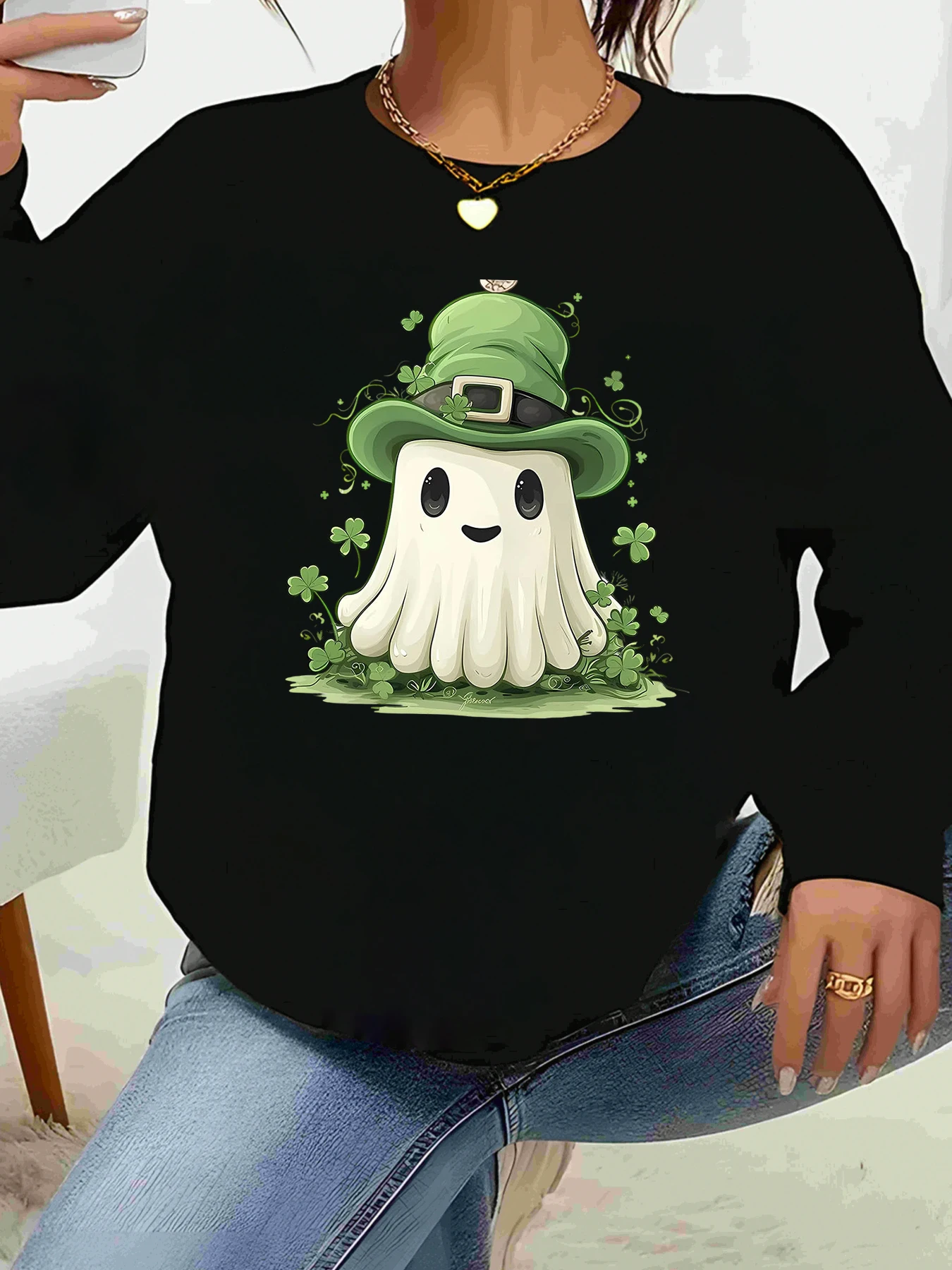 

Ghost in Green Hat St Patrick's Day Print Long Sleeve Tee Casual Wear Women
