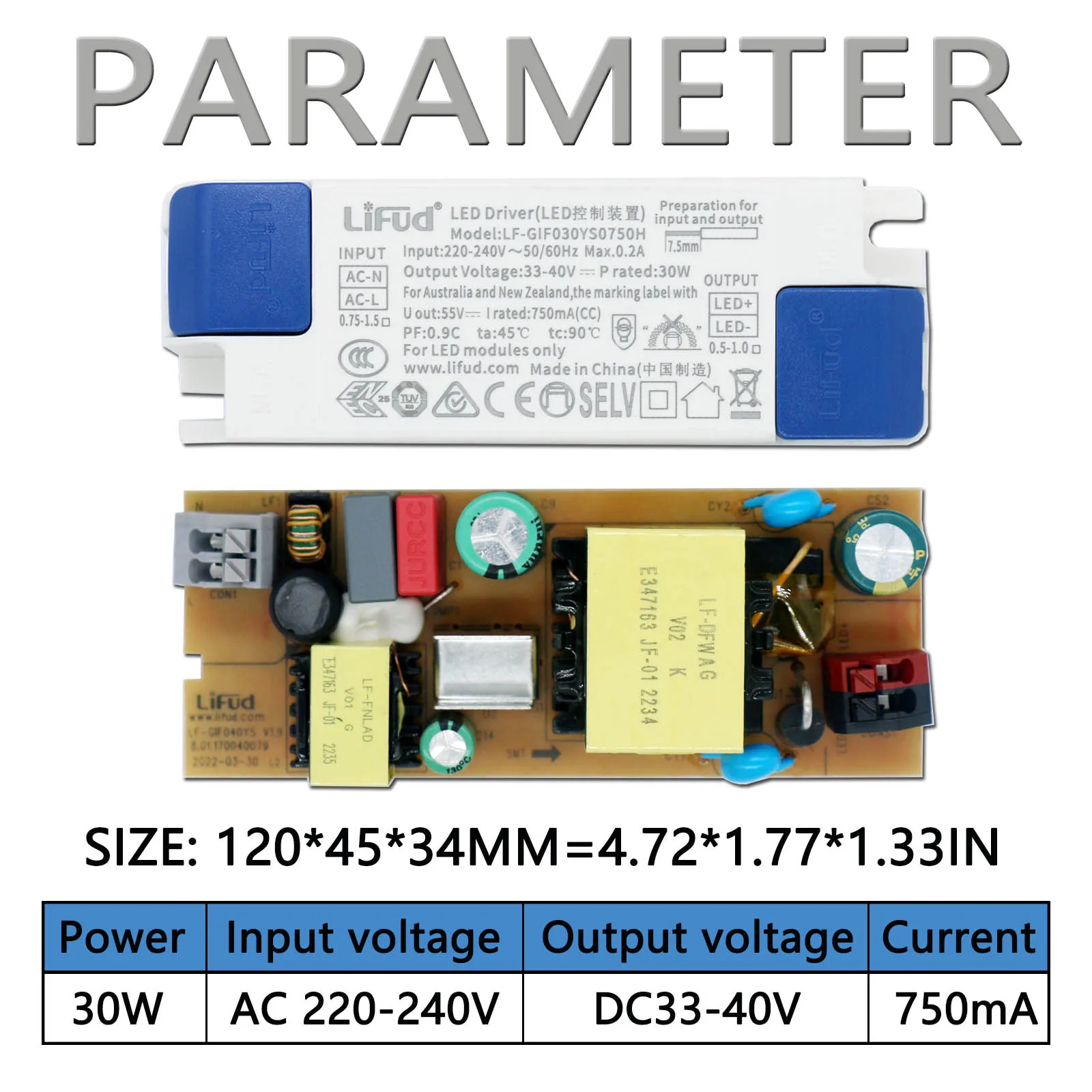 28-48W Lifud LED Isolated Driver Power Supply33-40V 700mA 800mA 900mA 1000mA 1200mA High PF Flame-retardant Lighting Transformer