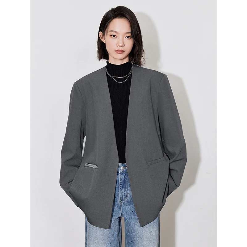 TOYOUTH Women Blazer 2024 Autumn New V Neck Elegant Office Lady Working Wear Jacket With Waistband Gray