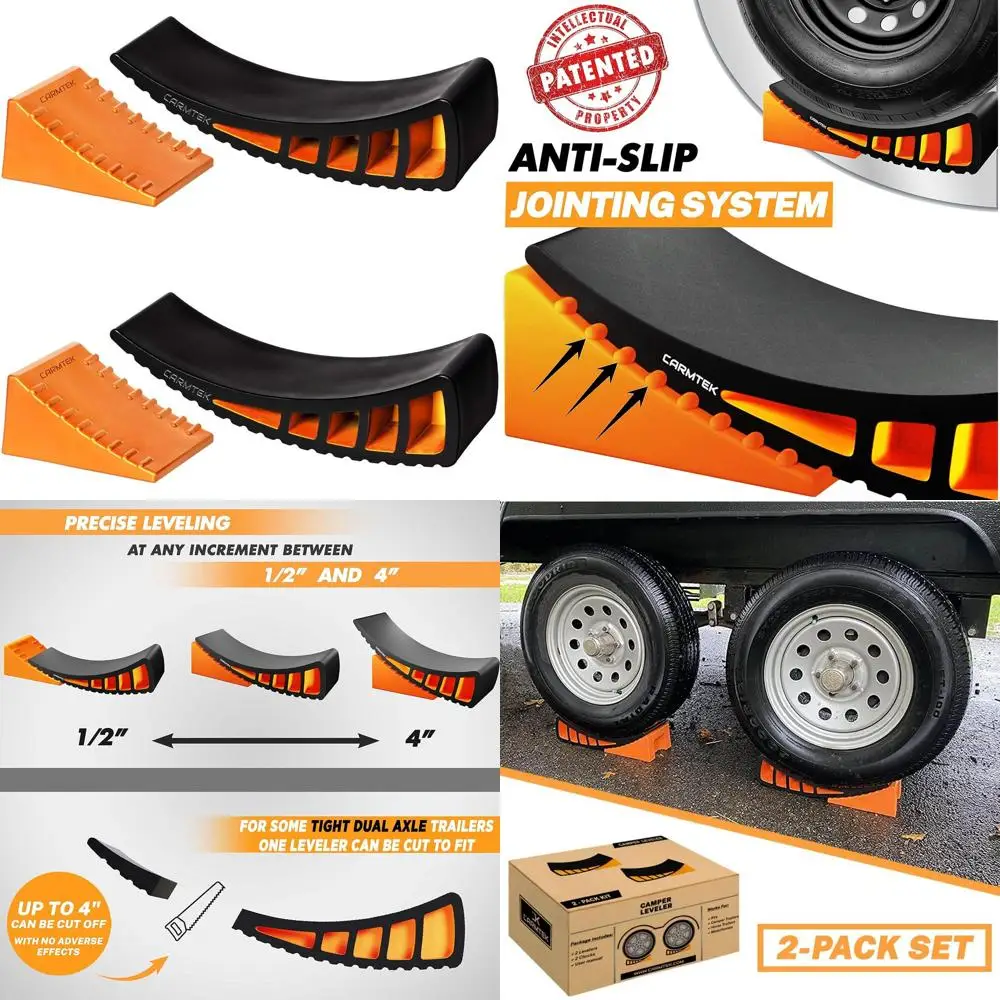 CARMTEK Camper Leveler 2-Pack Kit | Curved RV Levelers with Trailer Wheel Chocks for Dual Axle Trailers | Faster RV Leveling Sys