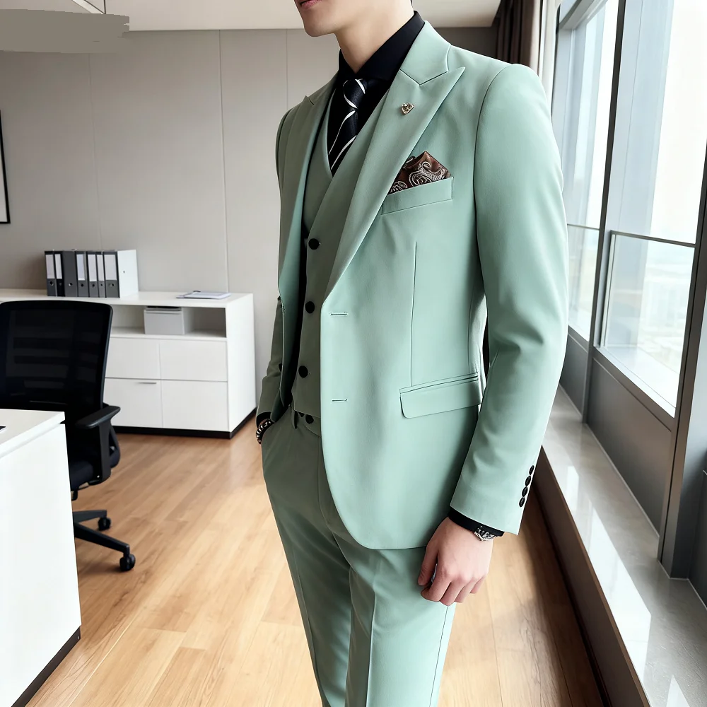 Men's Double Breasted Trench Coat Suit Casual Simple Blazer Vest Pants High Quality Recent Design Matching Set