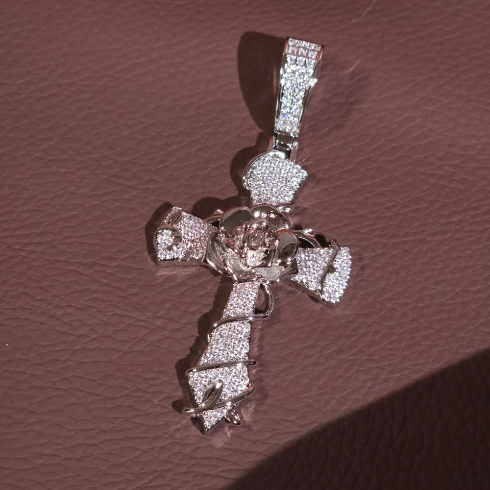 Icec cruz rosa zircônia cúbica pingente gelado cz hiphop charme personalidade colar combinando para rocker rapper moda presente