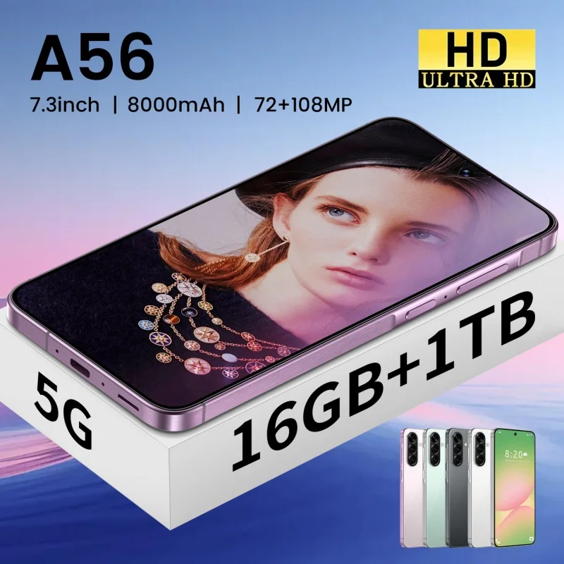 W&O A56 Version Mobile 4G phone 8000mAh SIM Smartphone Global 7.3 Inch HD+ 16GB+1TB 26MP Camera Cellphone Android 14 Dual AL8