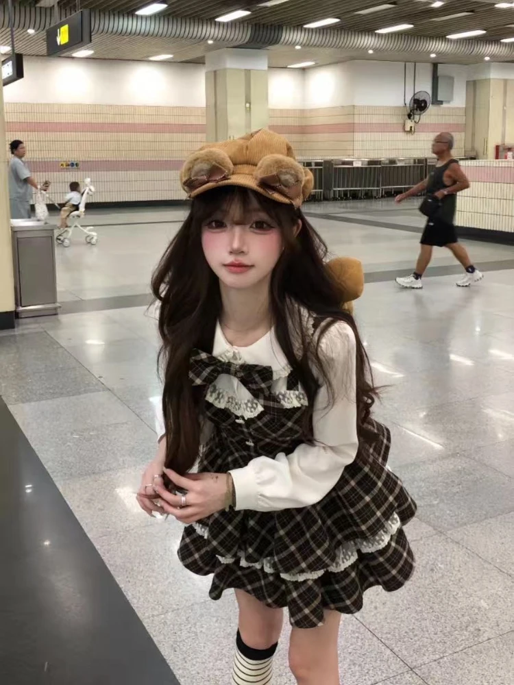 Autumn Sweet Japanese Lovely 2 Piece Set Women Bow Cloak Coat Plaid Stitching Fluffy Dress Harajuku Fashion Fairy Outfits 2025