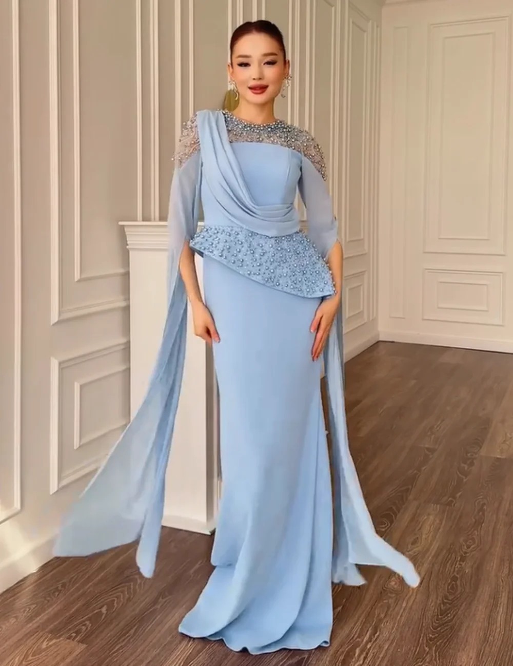 

Customized Matching Jersey Pleat Sequined Pearl Mermaid O-Neck Long Evening Dresses Luxury 2025 Elegant