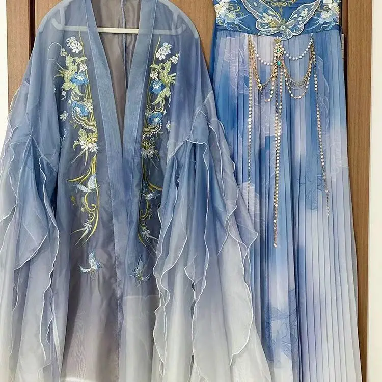 Chinese Hanfu Dress Women Halloween Carnival Cosplay Costume Tang Dynasty Embroidery Gradient Blue Hanfu Costume Plus Size XL