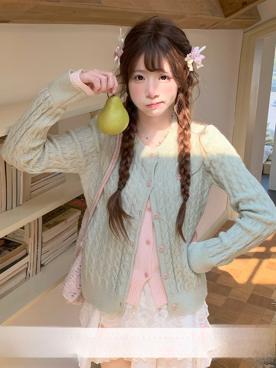 Sinsingirl Grapefruit Iced Tea Autumn Anti-Aging Pink Green Faux Two-Piece Open Cardigan White  Skirt Set Women's Fashion
