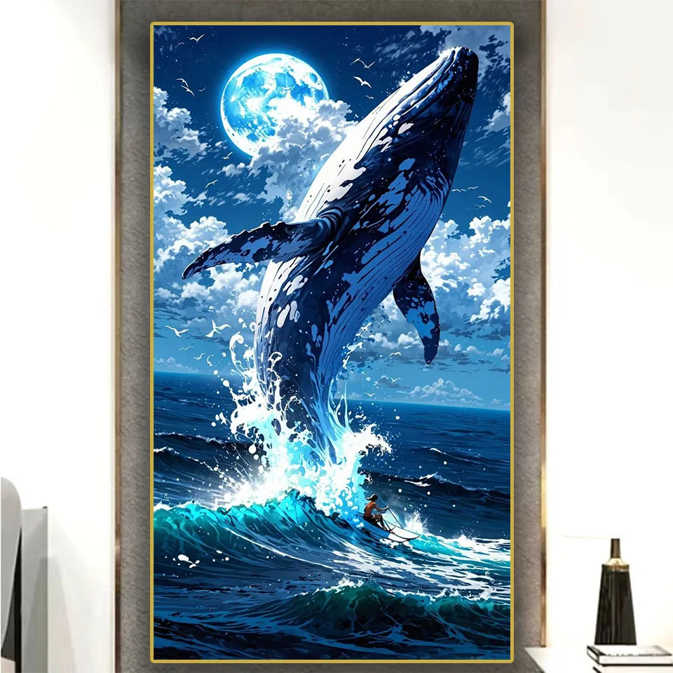 Art Nouveau Diamond Painting Kit 5D DIY Whale Jumping Out of the Sea Rhinestone Cross Stitch Handmade Mosaic Wall Home Decor