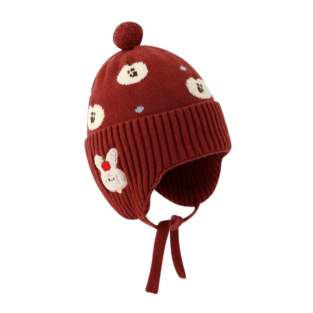 

Fleece Lining Winter Baby Crochet Hat Soft Lace-up Toddler's Plush Knitted Cap Solid Color Windproof Kids Ear Protection Hat
