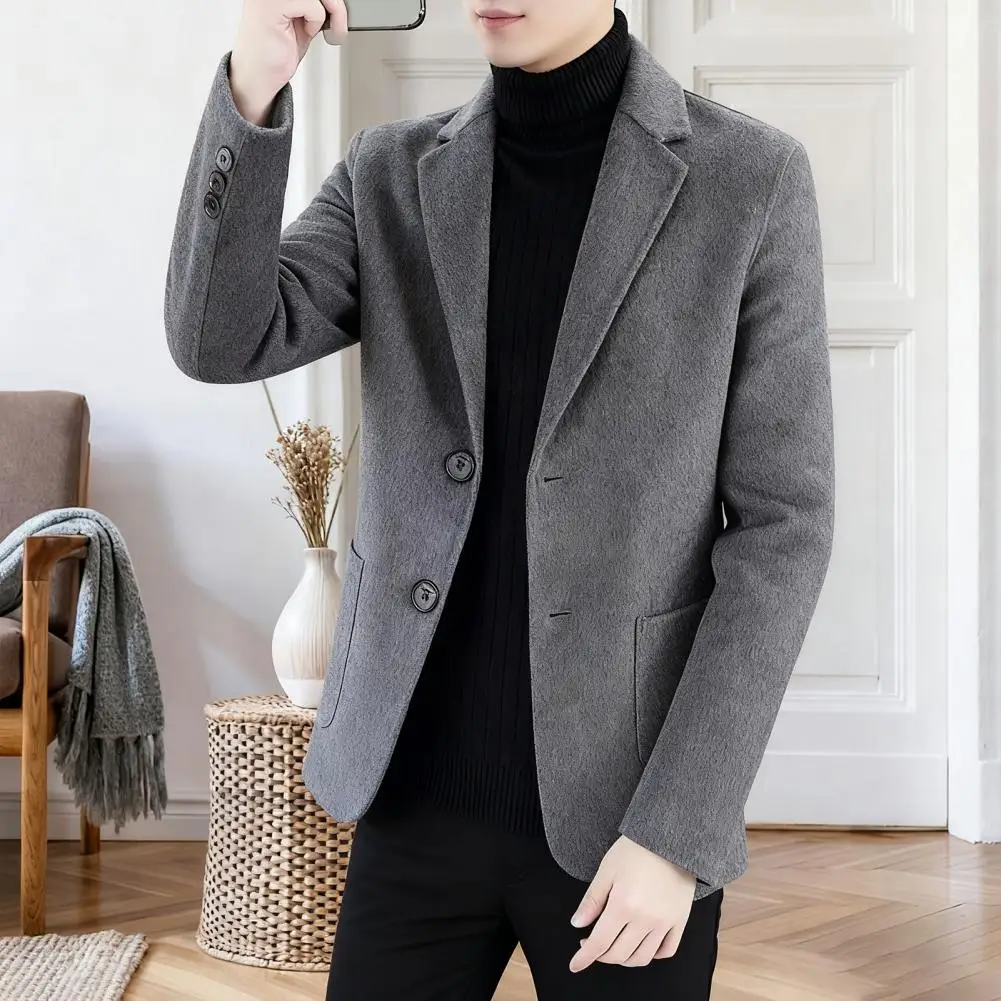 

Дышащее зимнее пальто, стильное мужское шерстяное пальто с лацканами и карманами для погоды, однобортная куртка, однотонная свободная одежда