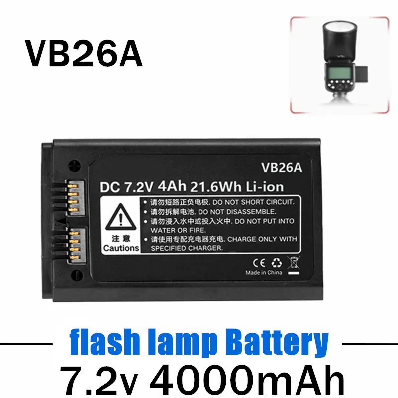 7.2v Photographic Lamp VB26 VB26A Li-ion Battery 4000mAh Replacement Battery for Godox V1S V1C V1N V1F V1O V1P Round Head Flash