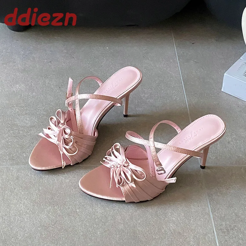 

Female Round Toe Footwear Ladies Thin Heels Sandals Shoes Ankle Buckle Fashion Butterfly-Knot Women High Heels Sandals Shoes