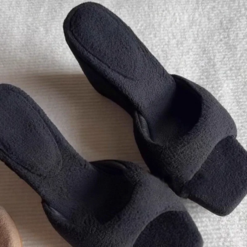 Slip Belt Wedge Heels Women's Niche Fashion Versatile Bread Plush Fleece Square Toe Slippers
