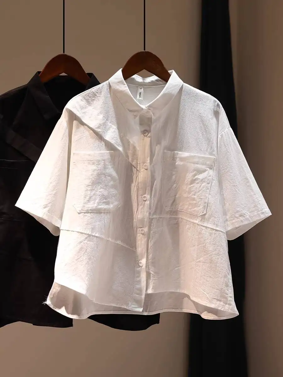 

2026 New Women's Loose Fit Cotton Linen Short Sleeve Shirt Casual Large Size Patchwork Top Japanese Style Design Slimming Shirt