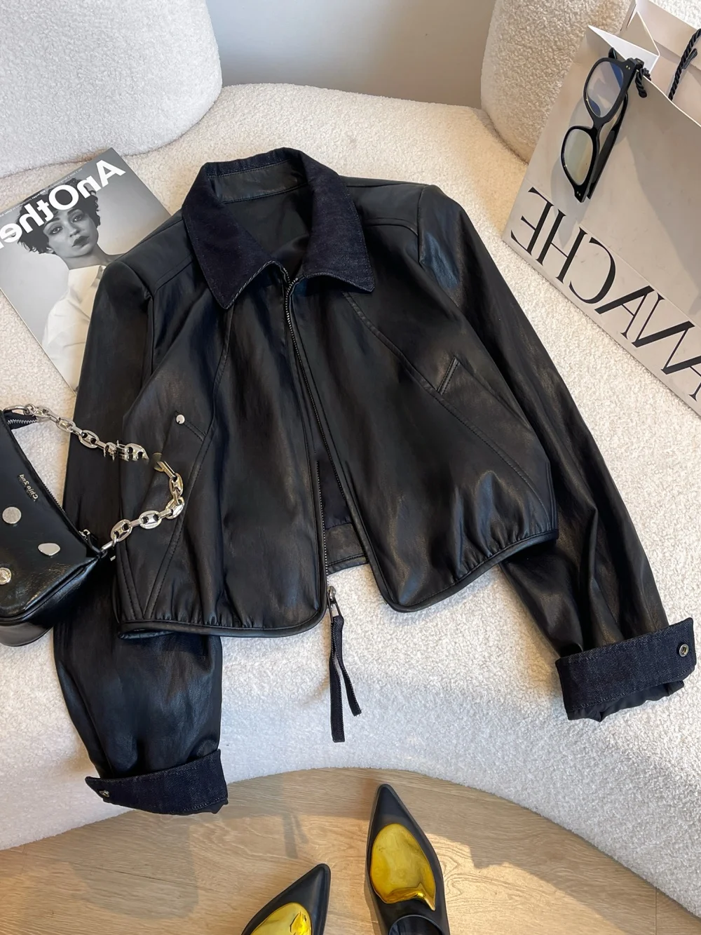 

Ele Bla Zipper Collar Leather Jaet Women's ort Outerwear Spring Autumn Spicy Cool Street Sle Top for Trendy Girls