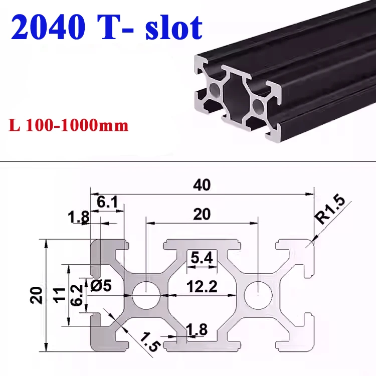 

1PCS 2040 T Slot European Standard BLACK Anodized Aluminum Profile Extrusion 100-1000mm Length Linear Rail for CNC 3D Printer