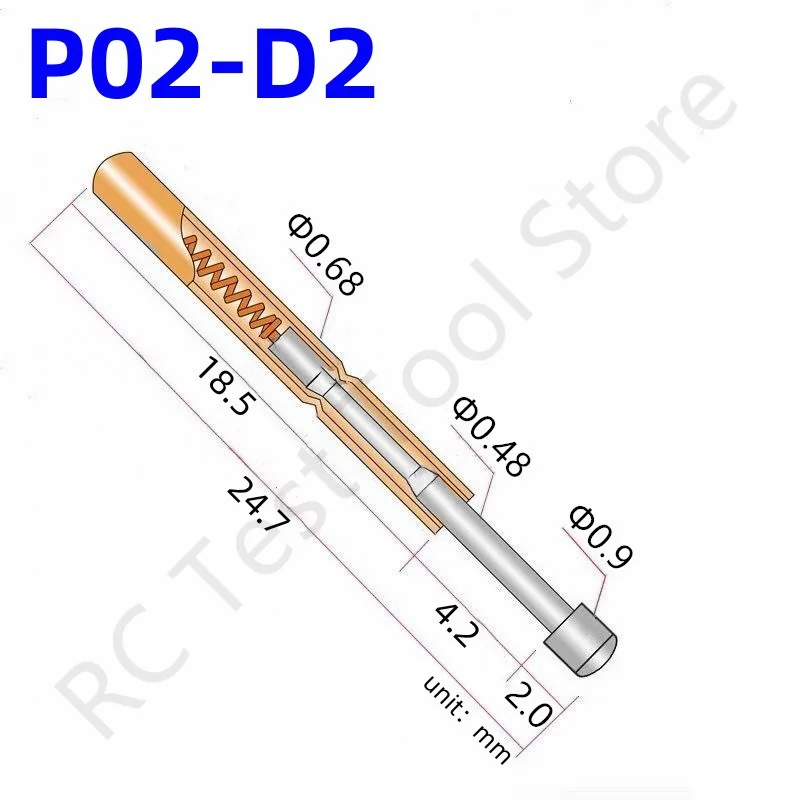 

100PCS P02-D2 Spring Test Pin P02-D Test Probe Copper Pogo Pin Metal Test Needle Test Tool 24.7mm Dia 0.68mm 0.90mm 0.48mm