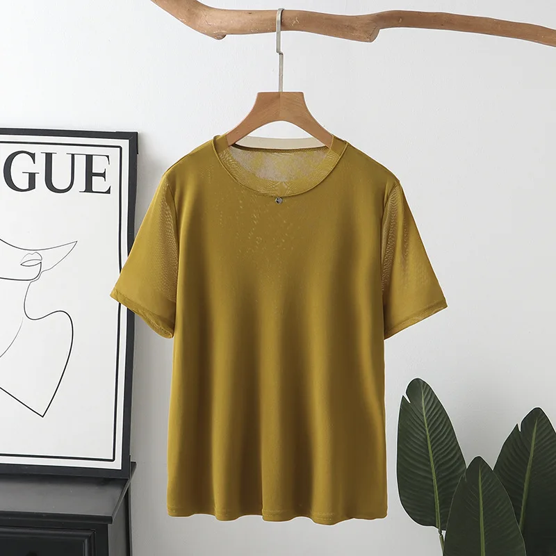 

Летний топ больших размеров 100 кг, новые темпераментные модные сетчатые футболки с короткими рукавами, повседневная футболка для женщин 1362