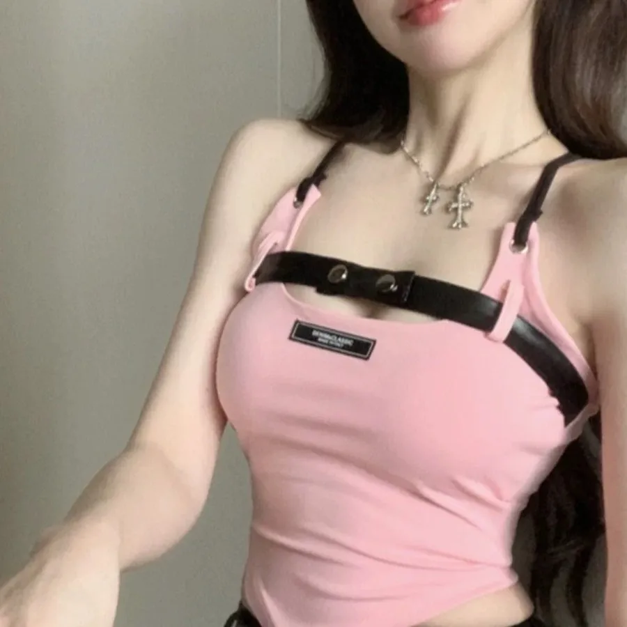 

Pink Sweet Sexy Cute Girl Youth All-match Summer High Street Tight Hot Midnight Confident Beautiful Women Halter Vest
