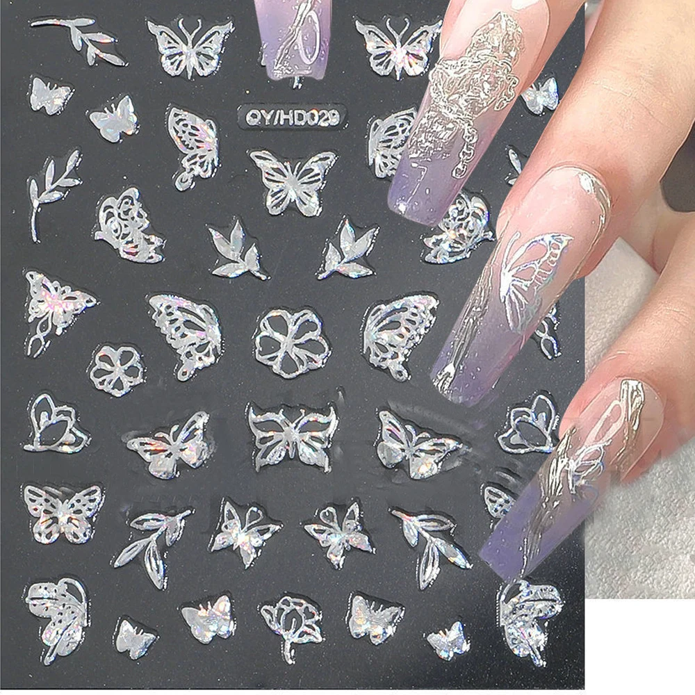 

1pcs Butterfly Grass Nail Art Stickers Laser Aurora Silver Stickers for Nails 3D Relief Flower Sculpture DIY Nail Art Decoration