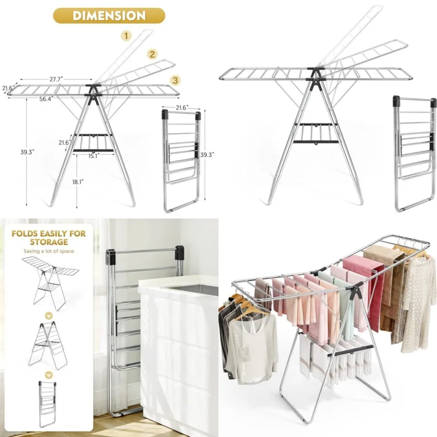 

Clothes Drying Rack, Drying Rack Clothing with Height-Adjustable, Foldable Gullwings Laundry Rack, Indoor Outdoor Use, No Assem