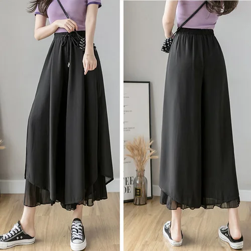 Imagen 2 del producto Pantalones elásticos de pierna ancha para mujer, pantalón coreano de doble capa con dobladillo Irregular, pantalones plisados sueltos e informales de verano