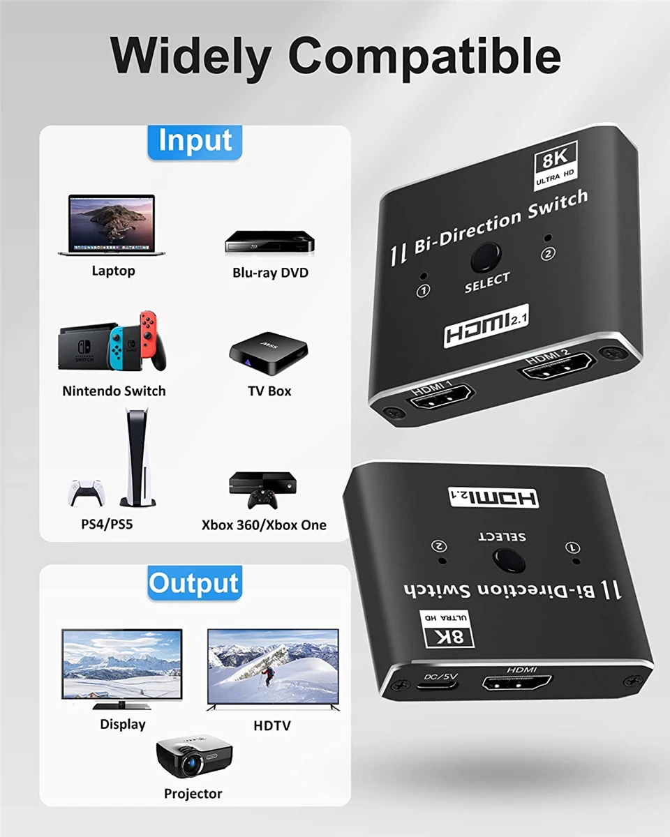 Navceker 8K 60Hz Switch HDMI-compatible 2 Ports 4K 120Hz HD Bi-Direction Switcher 1x2 2x1 Switch HD Switch  for PS5 PS4 TV Box