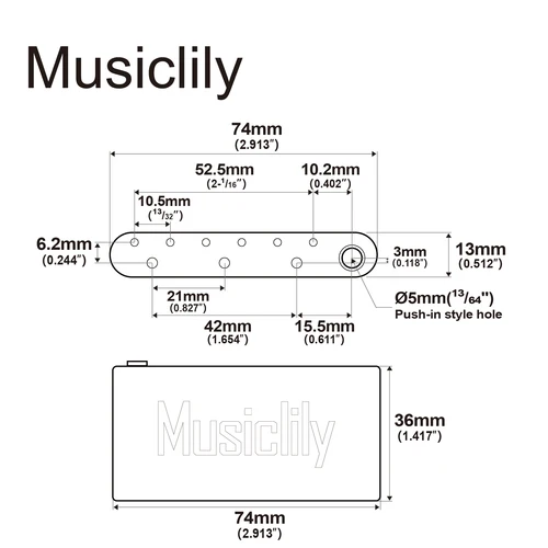 Imagen 2 del producto Musiclily Ultra 52,5mm bloque de trémolo estilo push-in de latón/acero sólido completo para guitarra eléctrica estilo ST puente serie M Wilkinson
