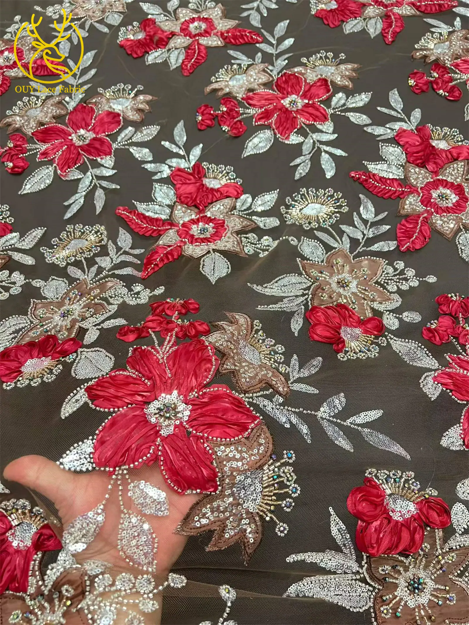 3D Hochwertiger bestickter Blumen-Spitzenstoff mit afrikanischen Pailletten, 2026 Französischer Perlen-Spitzenstoff für nigerianische Partykleider zum Nähen – Detail 6