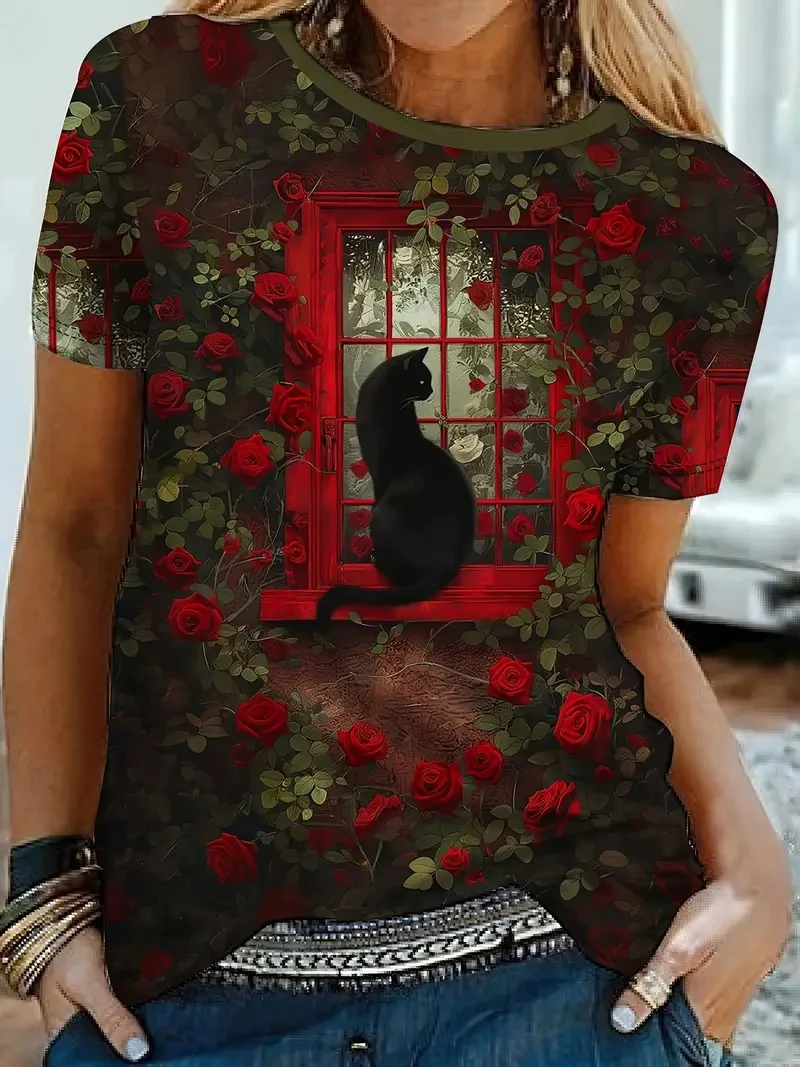 T-shirt girocollo da donna T-shirt estiva moda casual top a maniche corte stampa gatto 3D modello animale Abbigliamento donna di grandi dimensioni